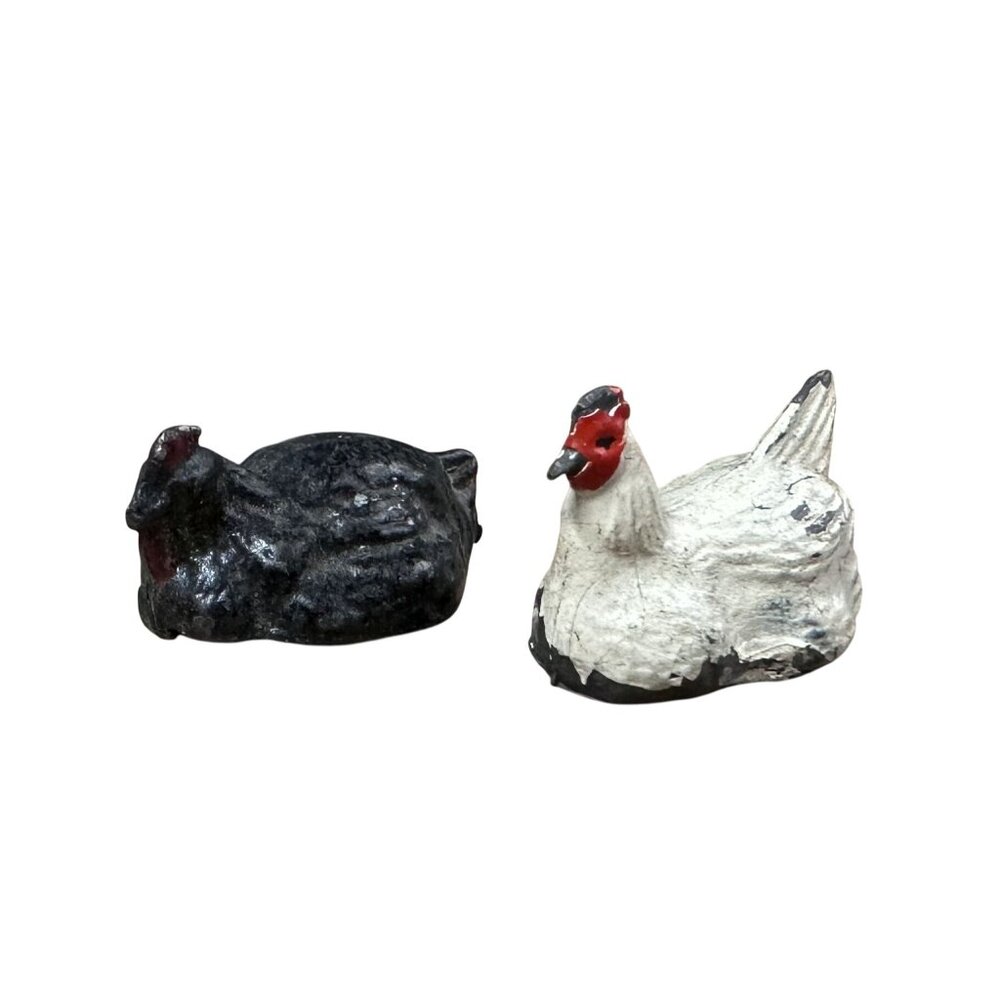 Vintage Lead Figures 2 Tiny Laying Chickens 1950s Vintage Lead Toys .25" Tall
